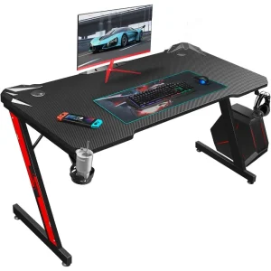 Gaming Desk, Computer Desk with Carbon Fiber Surface, Gaming Table Z Shaped PC Gaming Workstation Home Office Desks