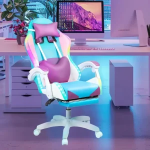 Gaming Chair 360 Degree Rotation Office Chair With RGB LED Lights Height Adjustable Girl Video Chair With Massage And Footrest