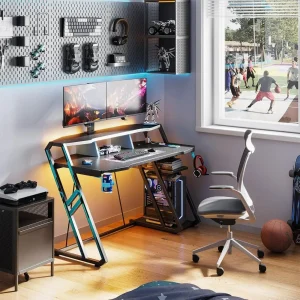 Gaming Desk with Power Outlet & LED Lights with PC Storage Shelf, with Carbon Fiber Texture, 47inch Gaming Computer Desk