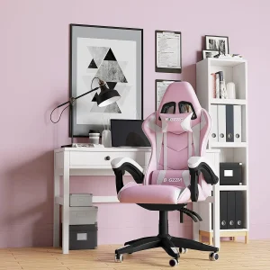 Pink Gaming Chair, Reclining High Back PU Leather Office Desk Chair with Headrest and Lumbar Support, Adjustable Swivel