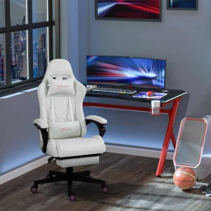 Racing Gaming Chair W/ Padded Arms, Pu Leather Gamer Recliner Home Office White