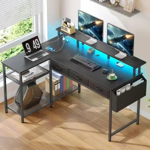 Seventable L Shaped Desk with Storage Drawers, 47 inch Gaming Desk with Shelves, Small Computer Desk with Power Outlets & LED Li
