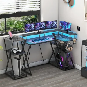 Vabches L-Shape Gaming Desk Computer Desk with LED Light&Power Outlet Gaming Table with CPU Holder&Monitor Stand for Home Office