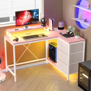 L Shaped Desk with Power Outlets & LED Lights,Computer Desk with Drawers&Shelves,Corner Desk Gaming Desk Home Office Desk,Pink