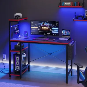 Gaming Desk with Power Outlets, 44 Inch Led Gamer Desk with 4 Tiers Reversible Shelves, PC Gaming Table with Headset