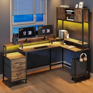 L-Shaped Computer Desk With Computer Shelf & 2 Drawers & Adjustable Led Light Headphone Hook, Double Door Storage Cabinet Desk W