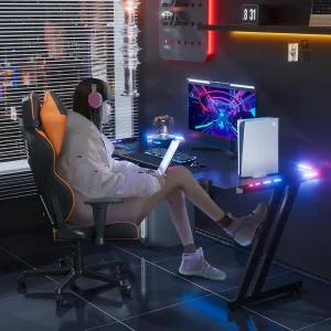 55 Inch Gaming Desk with LED Lights Carbon Surface Gaming Table Large Computer Desk Ergonomic Home Office Desks Z Shaped PC