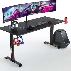 WARRIOR Gaming Desk 60 INCH, T- Shaped Carbon Fiber Surface Computer Desk with Full Desk Mouse Pad, Ergonomic E-Sport Styl
