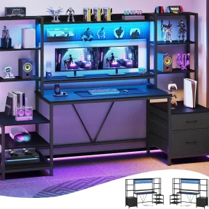 Computer Desk with Power Outlets, 81.9in Home Office Desk with Monitor Stand, Gaming Desk with LED Light, 11 Storage Shelves