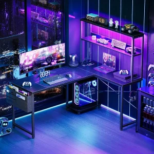 L Shaped Desk Gaming Desk with LED Light & Power Outlet, 53 Inch Reversible L Shaped Computer Desk with Shelf