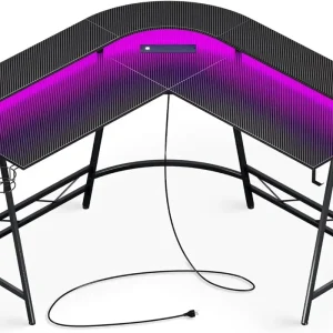L Shaped Desk Gaming Desk with LED Lights & Power Outlets, Computer Desk with Monitor Shelves