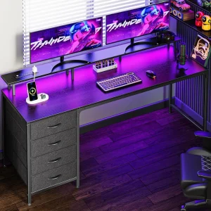 63 Inch and 55 Inch Computer Desk with Power Outlets and LED Lights, Gaming Desk with 4 Drawers, Office Desk with Monitor Stand