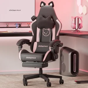 Gaming Chair Cute with Cat Ears and Massage Lumbar Support, Ergonomic Computer Chair for Girl with Footrest and Headrest