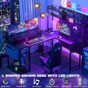 Small L Shaped Gaming Desk with LED Lights & Power Outlets, Reversible L-Shaped Computer Desk with Monitor Stand & Storage Shelf