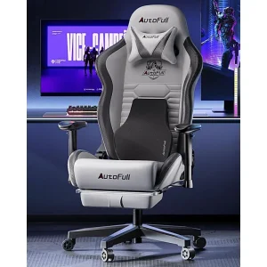Gaming Chair with Ergonomics Lumbar Support, Racing Style PU Leather High Back Adjustable Swivel Task Chair with Footrest (Grey)