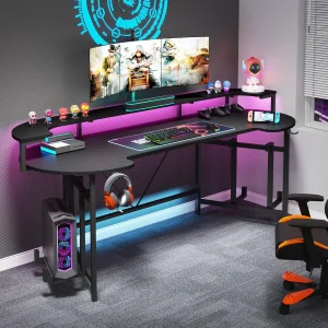 75 Inch Gaming Desk with Monitor Shelf, Large PC Computer Desk with LED Lights, Gaming Table Gamer Desk for Bedroom, Home Office